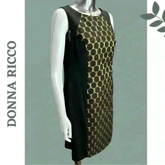 Black Metallic Gold Sleeveless Midi Dress Hourglass Silhouette Honeycomb Size 8 - Picture 2 of 7